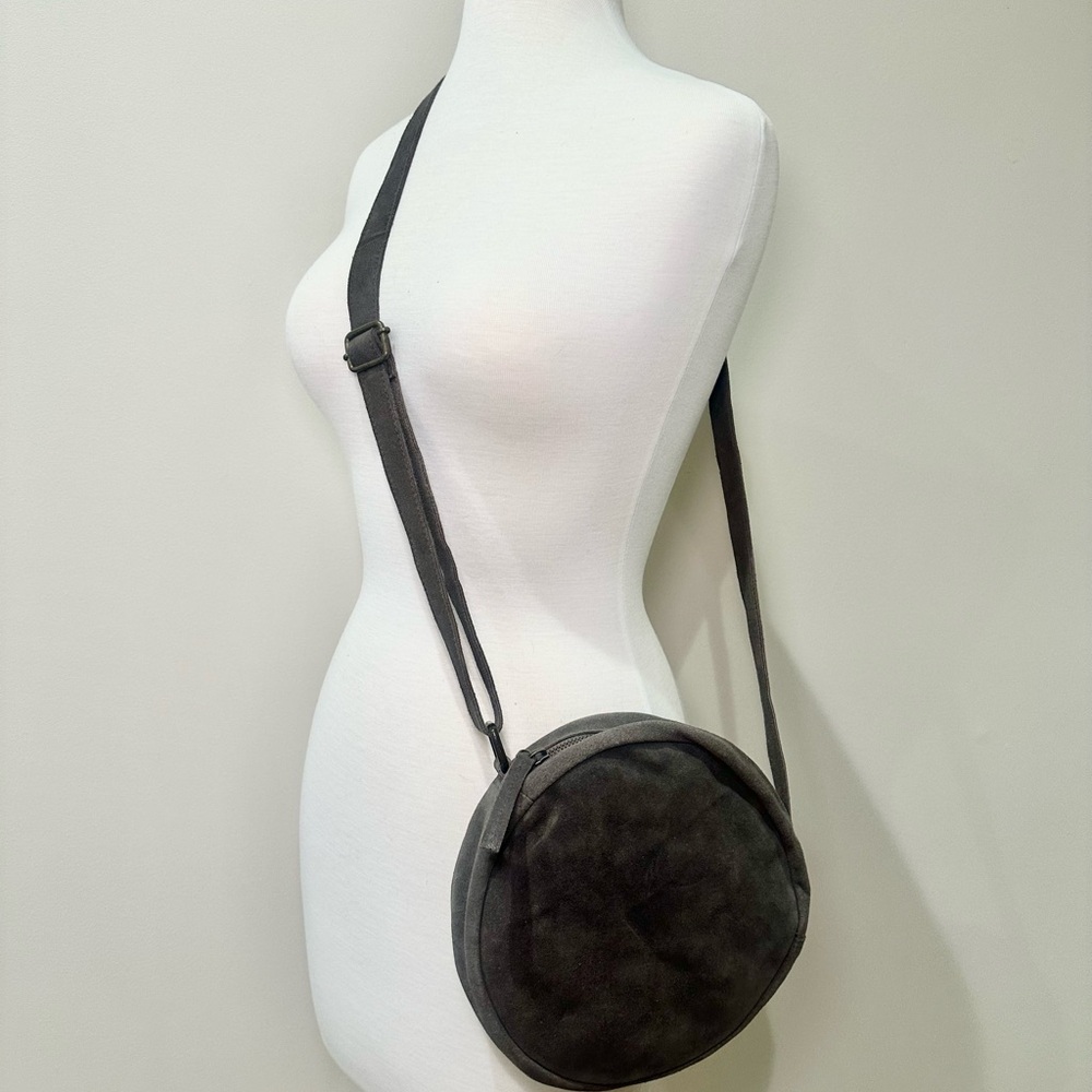 Grey Genuine Suede Circle Crossbody Bag - Boho Round Purse